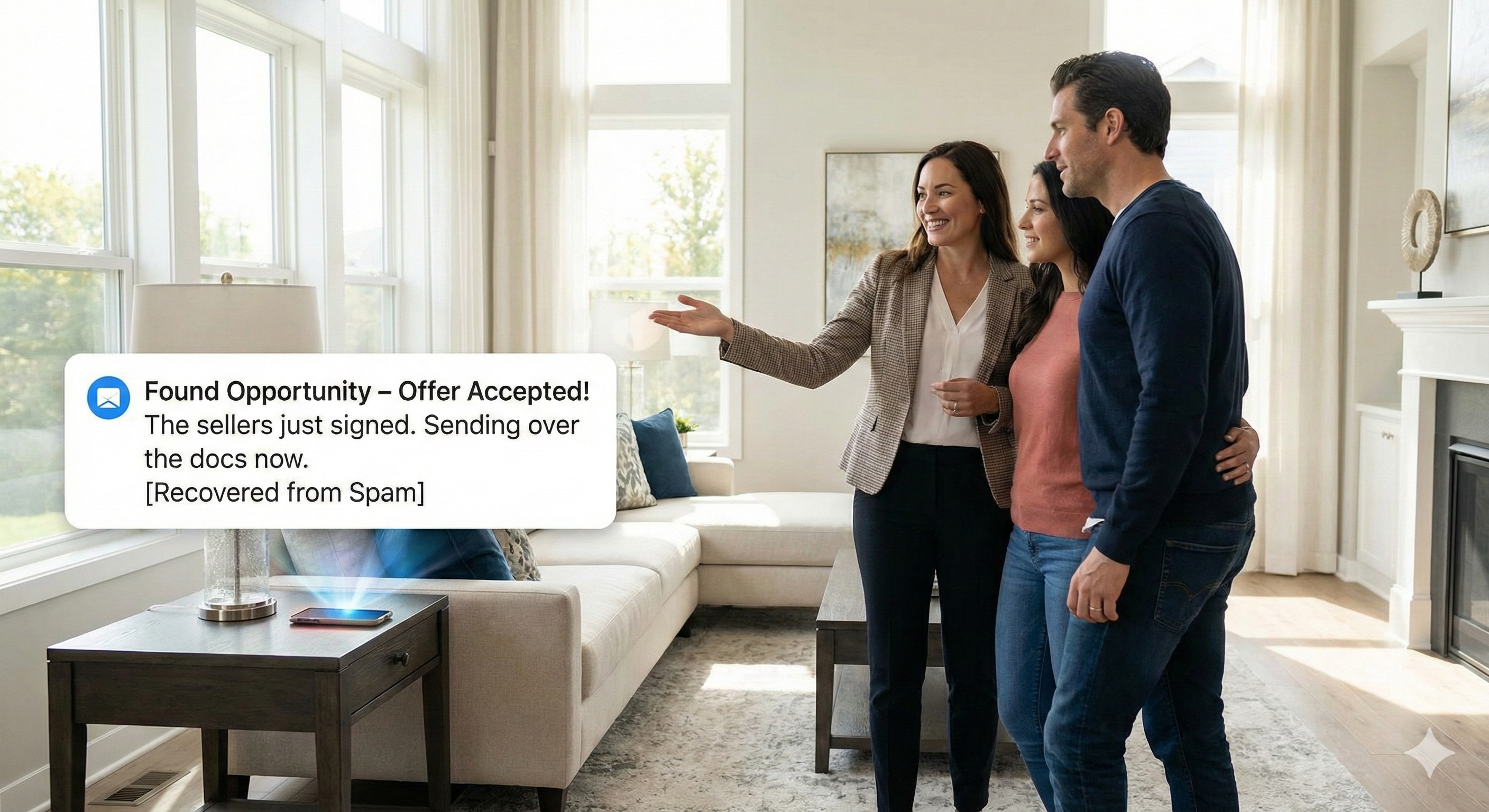 Agent at a showing receiving an offer accepted notification from Found Opportunity.