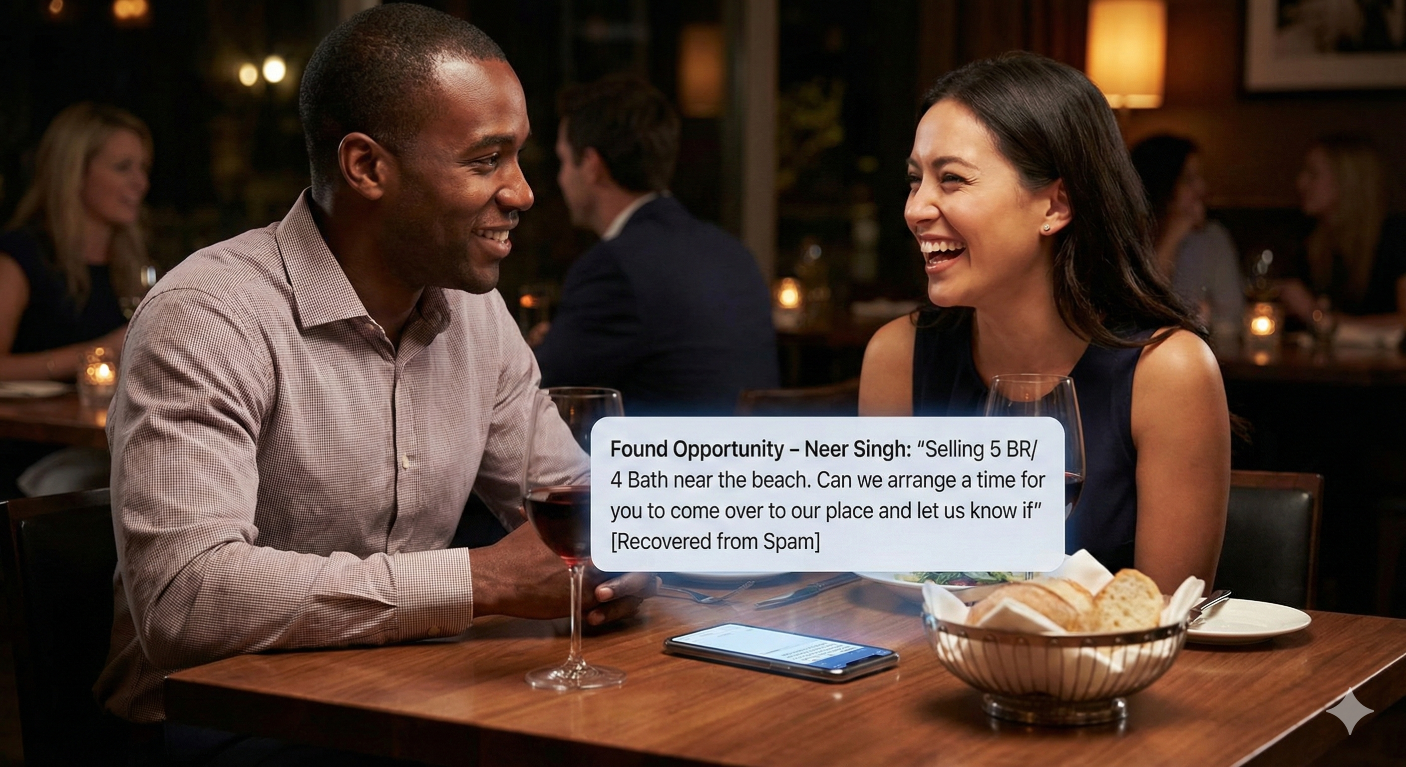 Couple at dinner receiving a Found Opportunity FSBO listing alert.