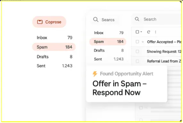 Gmail spam folder with Found Opportunity alert