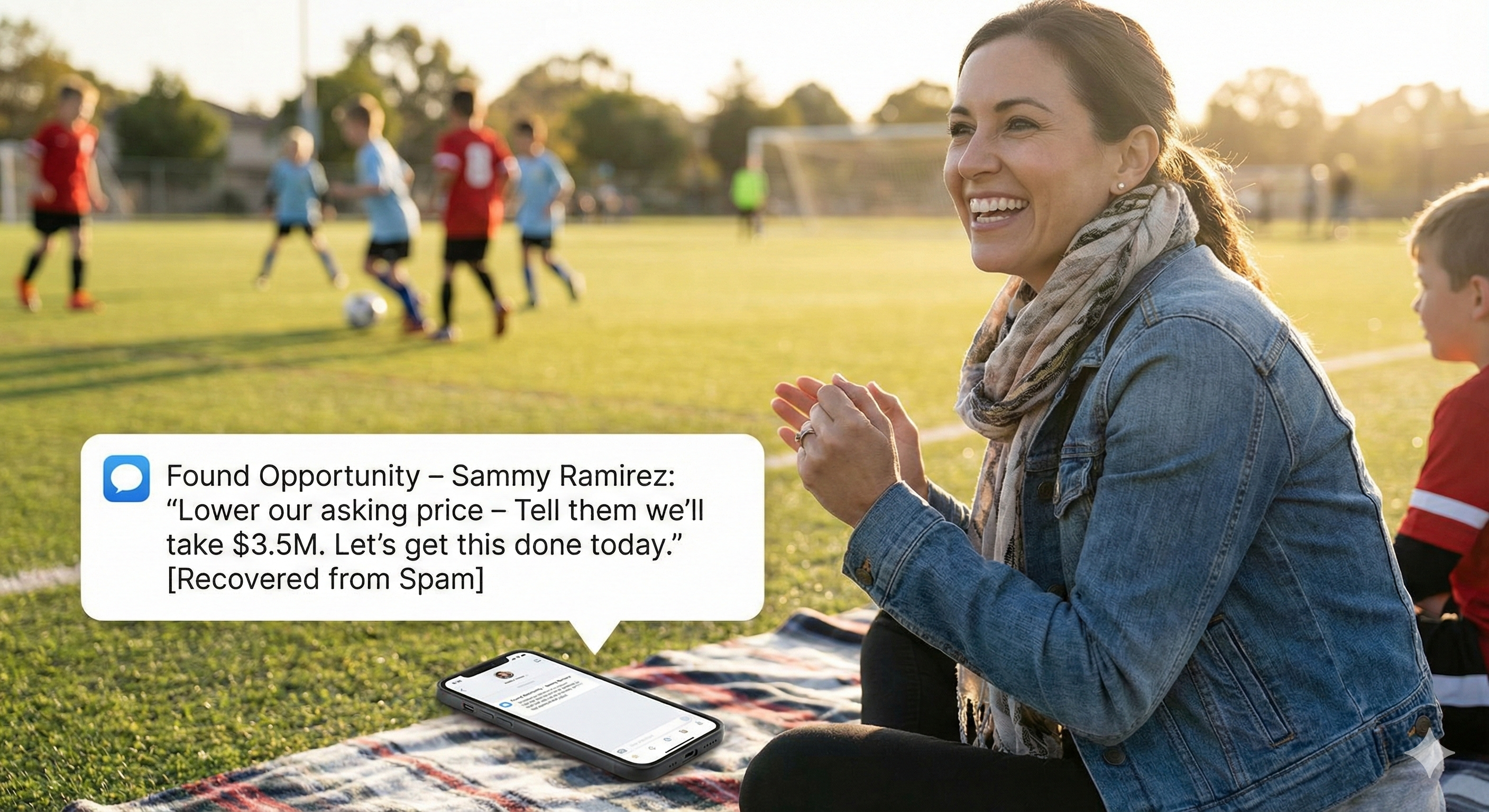 Agent at her kid's soccer game receiving a price reduction alert from Found Opportunity.